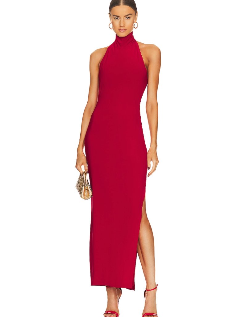 New Norma Kamali Halter Turtleneck Side Slit Gown In Red Turtle Maxi - Xxs